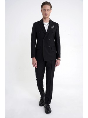 Efor Slim Fit Çift Yırtmaç %95 Pamuk Sık Çizgili Siyah Kruvaze Takım Elbise TK 944