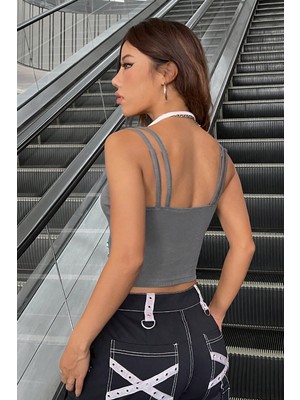 Kadın Antrasit Gri Beyaz Çift Renk Çapraz Askılı Crop Top Bluz
