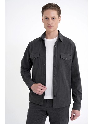 Efor Erkek Comfort Fit Yan Cepli Esnek İnce Çizgili Siyah Gömlek Ceket G 1608