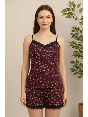 Kadın Mor Kalp Desenli Askılı Şortlu Dantelli Pijama Takımı