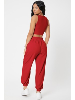 Kadın Kırmızı Kaşkorse Cepli Jogger Eşofman Altı ve Crop Top Bluz