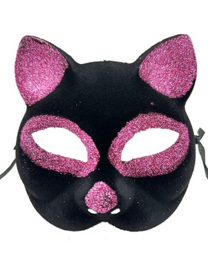 Kont Siyah Renk Pembe Simli Süet Kaplama Kedi Maskesi 18X14 cm (5067)