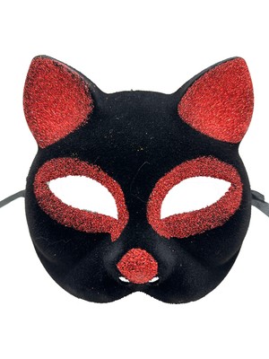 Kont Siyah Renk Kırmızı Simli Süet Kaplama Kedi Maskesi 18X14 cm (5067)
