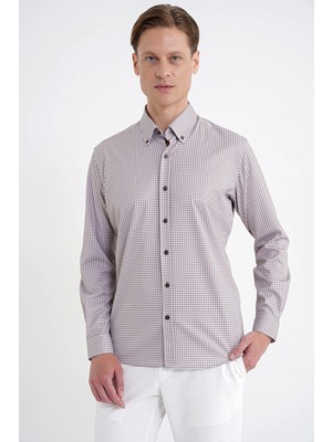 Efor Erkek Slim Fit Pötikare Baskılı Pamuklulu Yaka Düğmeli Vizon Gömlek G 1604