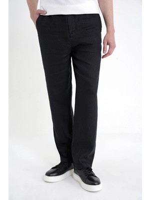 Efor Erkek Oversize Kalıp Yan Cep Beli Lastikli Siyah Keten Pantolon P 1216
