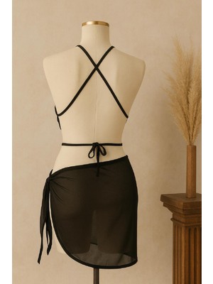 Kadın Siyah Çapraz Bağlamalı Crop ve Pareo 2'li Set