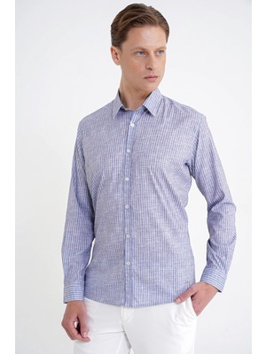 Efor Slim Fit Klapa Yaka Esnek Pamuklu Gri Çizgili Gömlek G 1599
