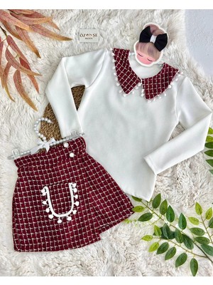 Özşe Moda Yaka Detaylı Bordo Tüvit Şort Etek Bluz Takım
