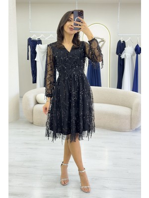 Zks Grup Tekstil-Kadın V Yaka Pul Payet Büyük Beden Abiye Elbise – Siyah