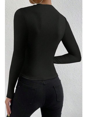 Kadın Siyah Belden ve Boyundan Büzgü Detaylı Uzun Kollu Bluz