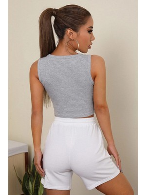 Kadın Gri Kare Yaka Crop Top Bluz