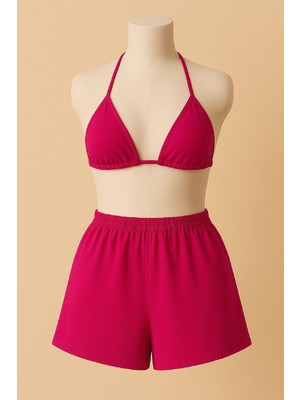Kadın Fuşya Şortlu Belden ve Boyundan Bağlamalı Bikini Takımı