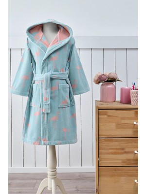 Özdilek 5/6 Yaş -Flamingo Mint- Kız Çocuk Kapüşonlu Kadife Pamuk Bornoz