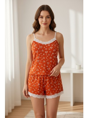 Kadın Turuncu Kalp Desenli Askılı Şortlu Dantelli Pijama Takımı