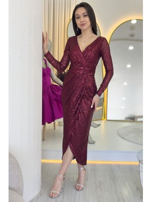 The Zks-Kadın Kruvaze Yaka Payet Tasarım Uzun Kollu Abiye Elbise Lacivert, Siyah, Bordo