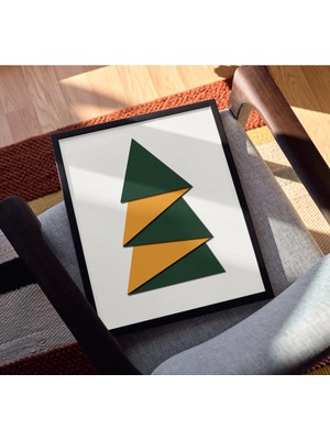 Rosaart Minimal Geometrik Çam Ağacı Ahşap Çerçeveli Poster –yeşil, Sarı, Modern Duvar Dekoru - Dijital Baskı