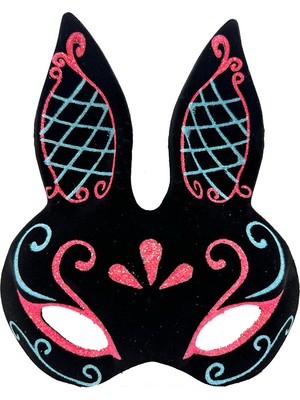 Kont Siyah Renk Mavi Kırmızı Simli Siyah Süet Kaplama Tavşan Maskesi 18X16 cm (5067)