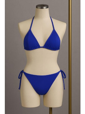 Kadın Mavi Yandan ve Boyundan Bağlamalı Bikini Mayo Takımı