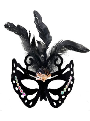 Kont Siyah Renk Siyah Süet Kaplama Tüylü Kelebek Figür Parti Maskesi 24X18 cm (5067)