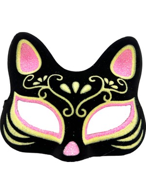 Kont Siyah Renk Süet Kaplama Üzeri Pembe Sarı Simli Kedi Maskesi 17X14 cm (5067)