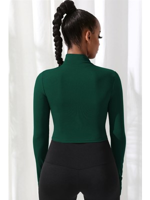 Kadın Yeşil Uzun Kol Fermuarlı Parmak Geçme Detaylı Dik Yaka Crop Top Bluz