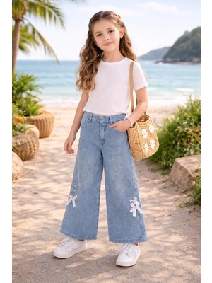 GMG Collection Baby Kız Çocuk Ispanyol Paça Mom Jean Fiyonk ve Inci Detaylı Yüksek Bel Pantolon