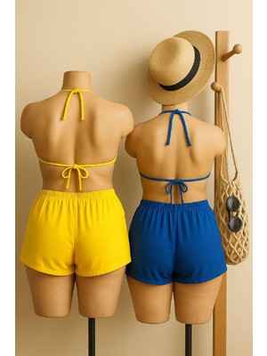 Kadın Sarı ve Mavi Şortlu Belden ve Boyundan Bağlamalı Bikini Takımı