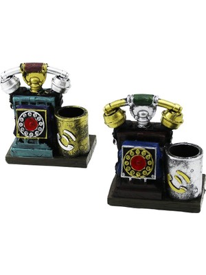 Kont Ankesörlü Telefon Vintage Dekoratif Biblo - Renkli Kalemlik 12.5X10X6.5CM Reçine (5067)