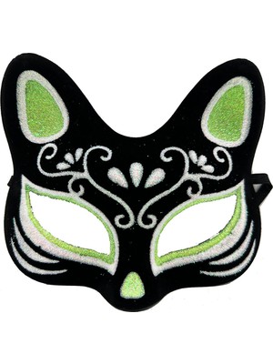 Kont Siyah Renk Süet Kaplama Üzeri Gümüş Yeşil Simli Kedi Maskesi 17X14 cm (5067)