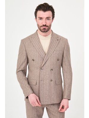 MCR Çizgili Slim Fit Geniş Yaka Kruvaze Erkek Takım Elbise