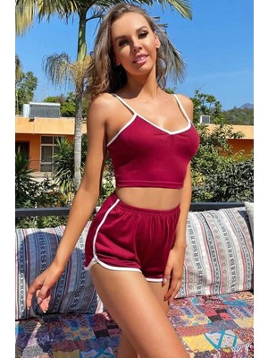 Kadın Bordo Askılı Crop Top ve Şortlu Gecelik Takım