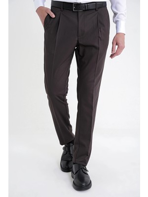 Efor Erkek Comfort Fit Yan Cep Esnek Pamuklu Gabardin Tek Pileli Kahverengi Pantolon P 1211