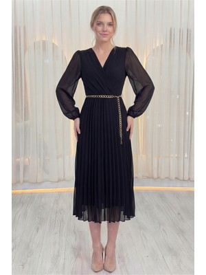 Thezkscom-Kadın Kruvaze Yaka Piliseli Kemerli Midi Boy Elbise Kahverengi, Siyah, Bordo