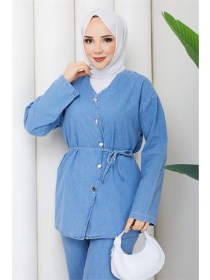 Neşeli Butik Kadın Mavi Düğmeli Kuşak Detaylı Ikili Kot Tesettür Takım NBFT010