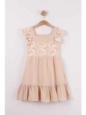 Joy Kids Kız Çocuk Kare Yaka Astarlı %100 Pamuk Elbise (6-13YAŞ) (Krem)