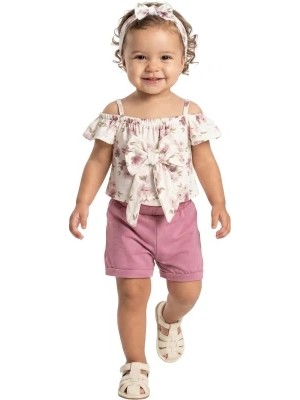 Deco Büyük Fiyonk Detaylı Askılı Kız Bebek Takım – Çiçek Desenli Üst & Pudra Şort 0-3 Yaş Yazlık Şık Takım