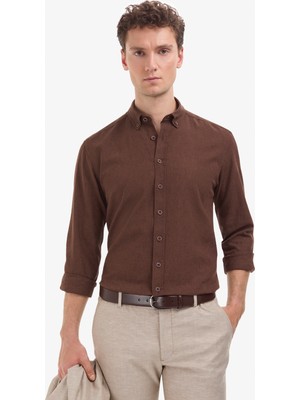 Pierre Cardin Erkek Kahverengi Keten Karışımlı Regular Fit Uzun Kollu Gömlek 50320941-VR084