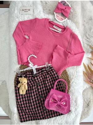 Özşe Moda Ayıcıklı Kazayağı Etek Pembe Ispanyol Kol Bluz Takım