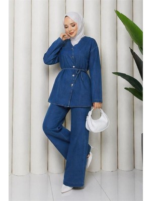 Neşeli Butik Kadın Lacivert Düğmeli Kuşak Detaylı Ikili Kot Tesettür Takım NBFT010