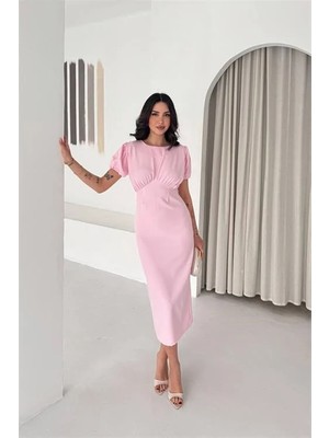 Dip Moda Kadın Pembe Midi Boy Büzgü Detaylı Balon Kol Dar Kesim Elbise DPK4574