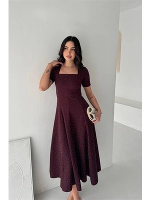 Dip Moda Kadın Bordo Taş Detaylı Kare Yaka Midi Boy Kısa Kollu Elbise DPK4605