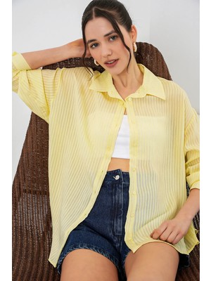 Hiccup Kadınlar Bdart Düğmeli Transparan Uzun Kollu Gömlek Kehribar Sarısı