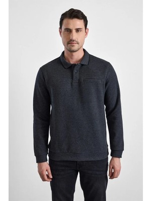 Süvari Antrasit Regular Düz Baskısız Selanik Düğmeli Polo Yaka Torba Cep Trikolu Standart Sweatshirt