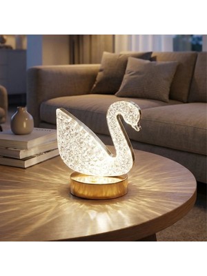 Kont Kuğu Model Kristal LED Masa Lambası – Dokunmatik, 3 Renk Işık Modlu, Şarjlı Mini Dekoratif Gece Lambası (5067)