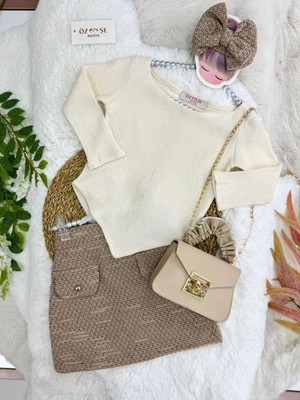 Özşe Moda Vizon Kayık Yaka Üçgen Bluz Tüvit Etek Takım