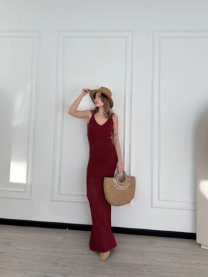 Pileli Store Örgülü Uzun Triko Elbise - Bordo -