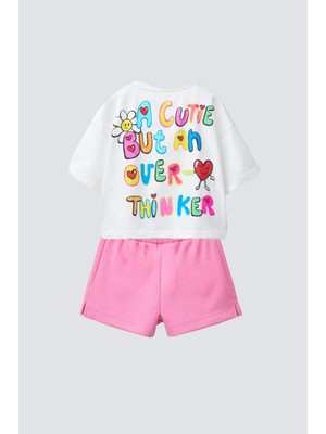 Magu Kız Çocuk Pamuklu Ekru Pembe Kalp Detaylı Baskılı Tişört Şort Takım