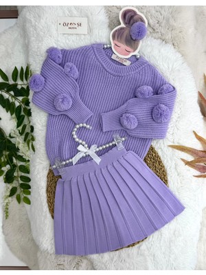 Özşe Moda Lila Ponpon Kol Kazak Triko Etek Takım