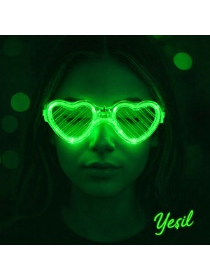 Kont Yeşil LED Işıklı Kalp Gözlük – 3 Modlu Parti - Glow Gözlüğü (5067)