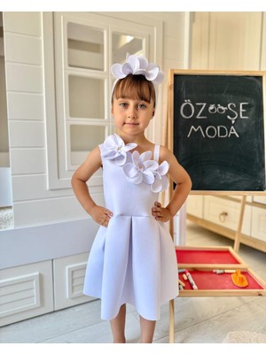 Özşe Moda Beyaz Scuba Tek Omuz Çiçekli Elbise